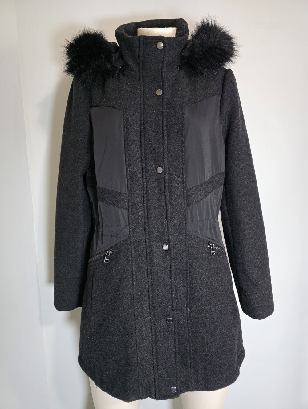 Catherine Malandrino Black Mixed-Media Wool-blend Hooded Fur-Trim Winter Coat